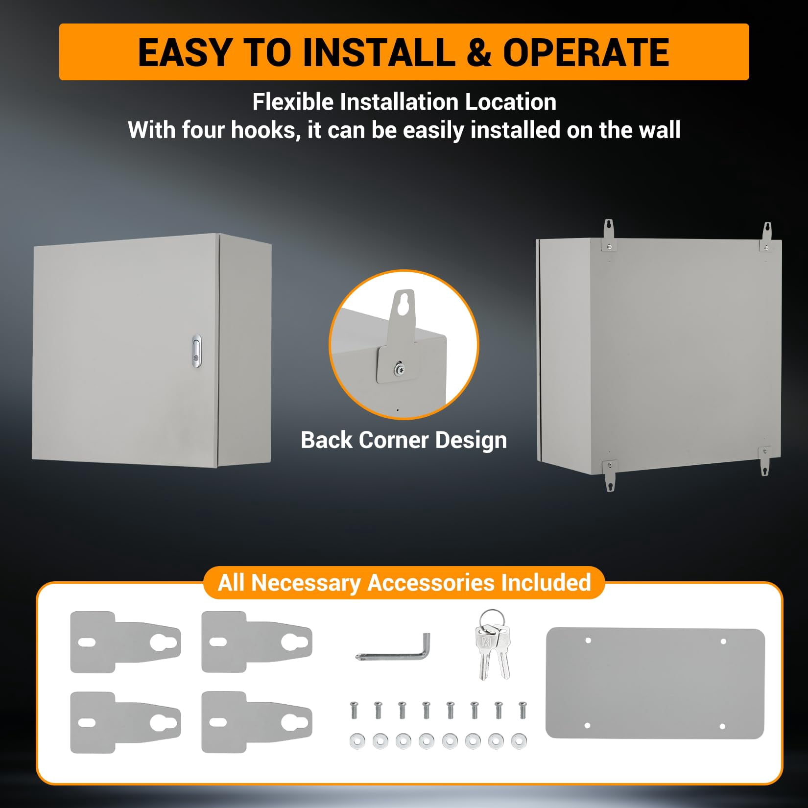 Kojooin Lockable Outdoor Electrical Box, NEMA 4X Steel Enclosure, IP67 Waterproof Dustproof Junction Box with Mounting Plate and Key for Indoor Outdoor
