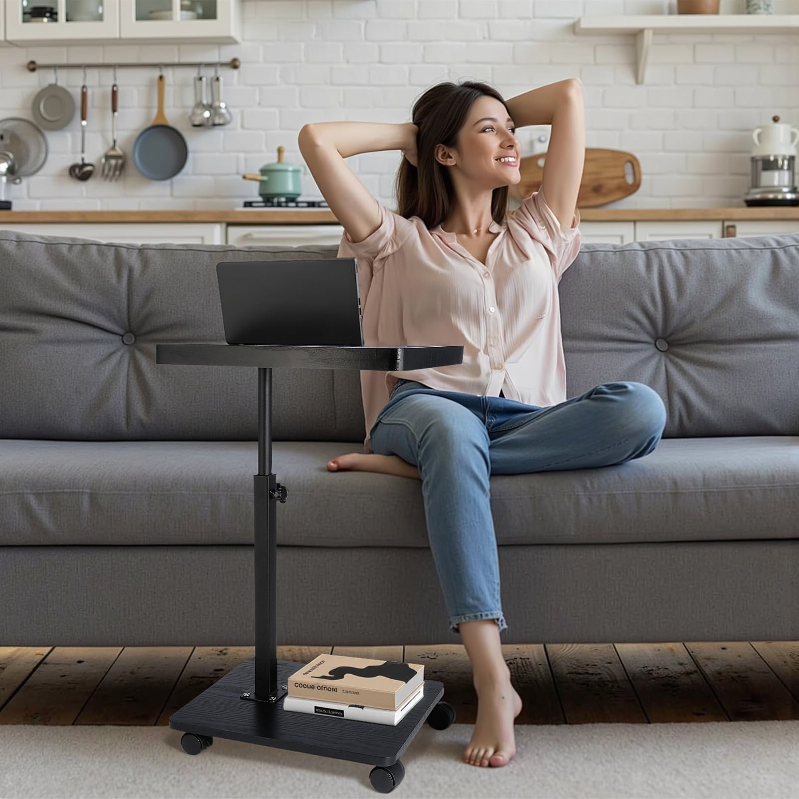 ManyFun C Shaped Side Table End Table, 360° Swivel and Adjustable Height ,living room and bedroom (Black)