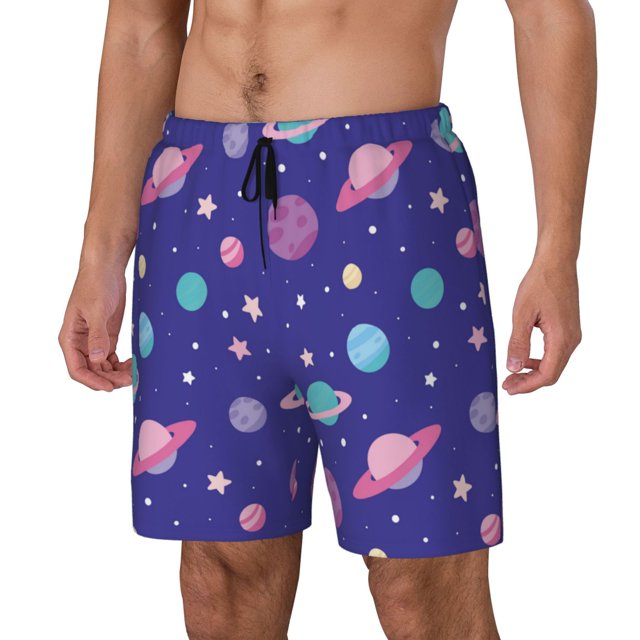 Kdxio Space Print Mens Swim Shorts with Mesh Lining, Breathable and Quick-Drying, Adjustable Waist, Privacy Pocket-Medium