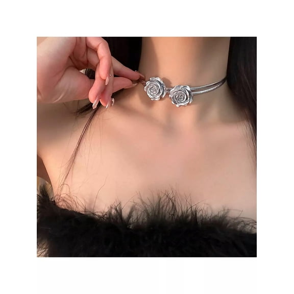 QQTDFG Silver-tone Rose Flower Leather Double Layer Necklace Choker Statement Necklace-default