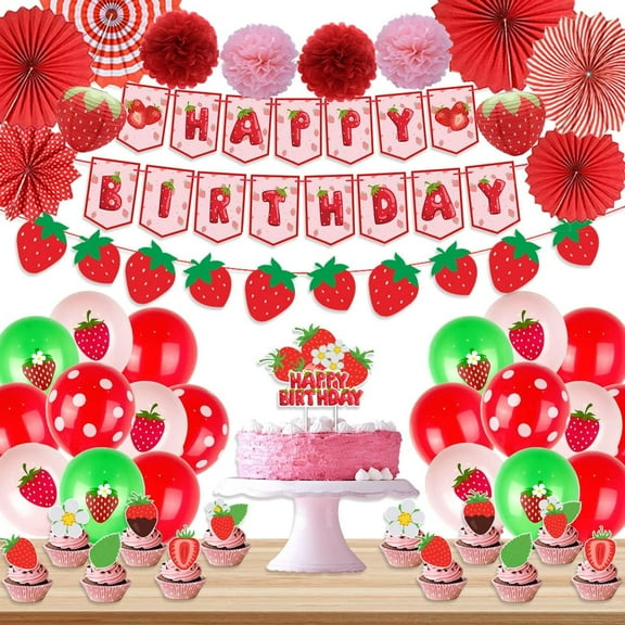 Strawberry  Birthday Decorations Happy Birthday Party Supplies - Banner, Cake Toppers, Balloons, Paper Pompoms & Fans for Girl's Strawberry Themed Party