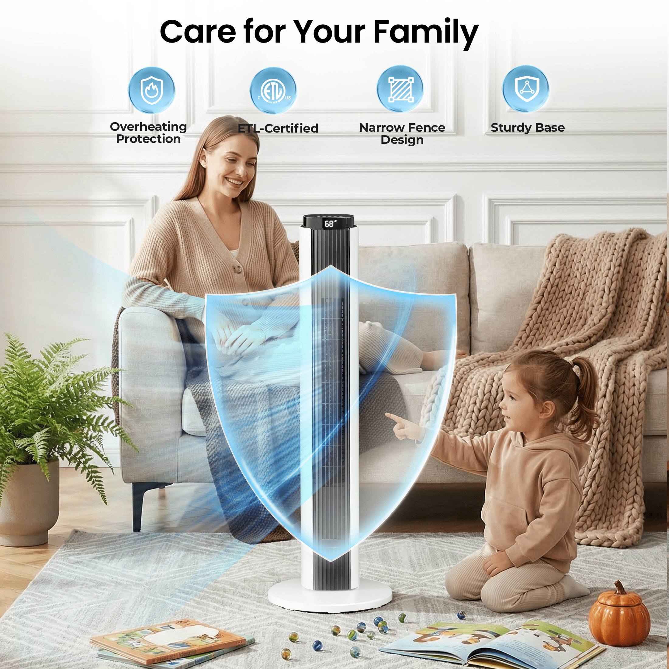 KISSAIR 37" Tower Fan with Remote, 6 Speeds, 4 Fan Modes with LED Display, 12H Timer, 90°Oscillation Fans,  Speeds Adjustable, Remote Control Suitable for Home/Bedroom/Office, Black-White mix