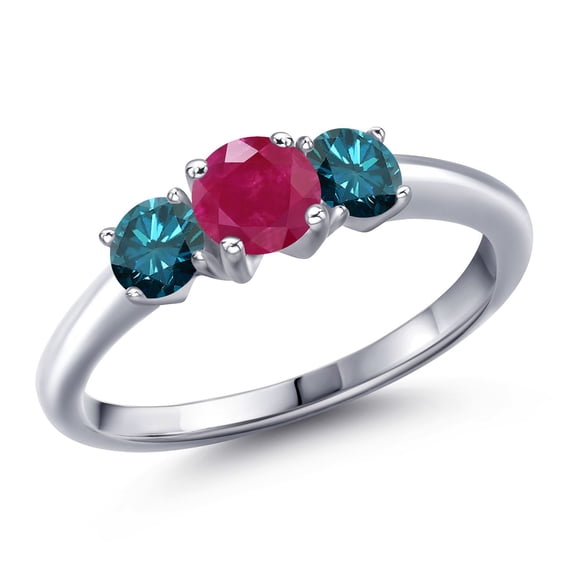 Gem Stone King 925 Sterling Silver Red Ruby and Blue Diamond Engagement Ring for Women | 1.09 Cttw | Round 5MM | Gemstone July Birthstone | Size 6