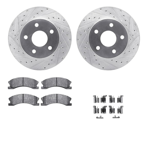 Dynamic Friction Company Front Brake Rotors-Drilled and Slotted-Silver with Heavy Duty Brake Pads includes Hardware 7212-42096