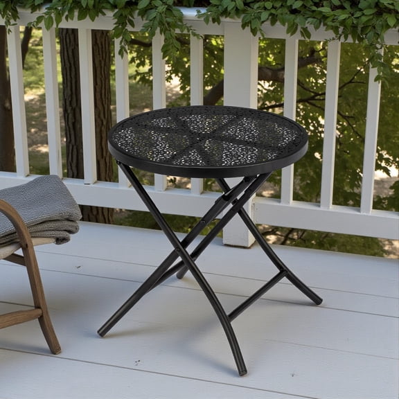 Tcbosik 18" Folding Round Side Table with Flower Cutout Design, No-Assembly Patio End Table, Indoor Outdoor Compact Accent Table in Black, for Garden, Balcony & Living Room
