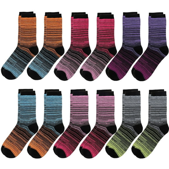12 Pairs Messy Striped Women's Crew Socks Fancy Novelty Designed Size 9-11 Multicolor Assorted