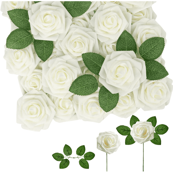 25pcs Real Looking Ivory Foam Roses with Stems - DIY Wedding Bouquets & Bridal Shower Centerpieces. Soft Touch Artificial Flowers for Decor.