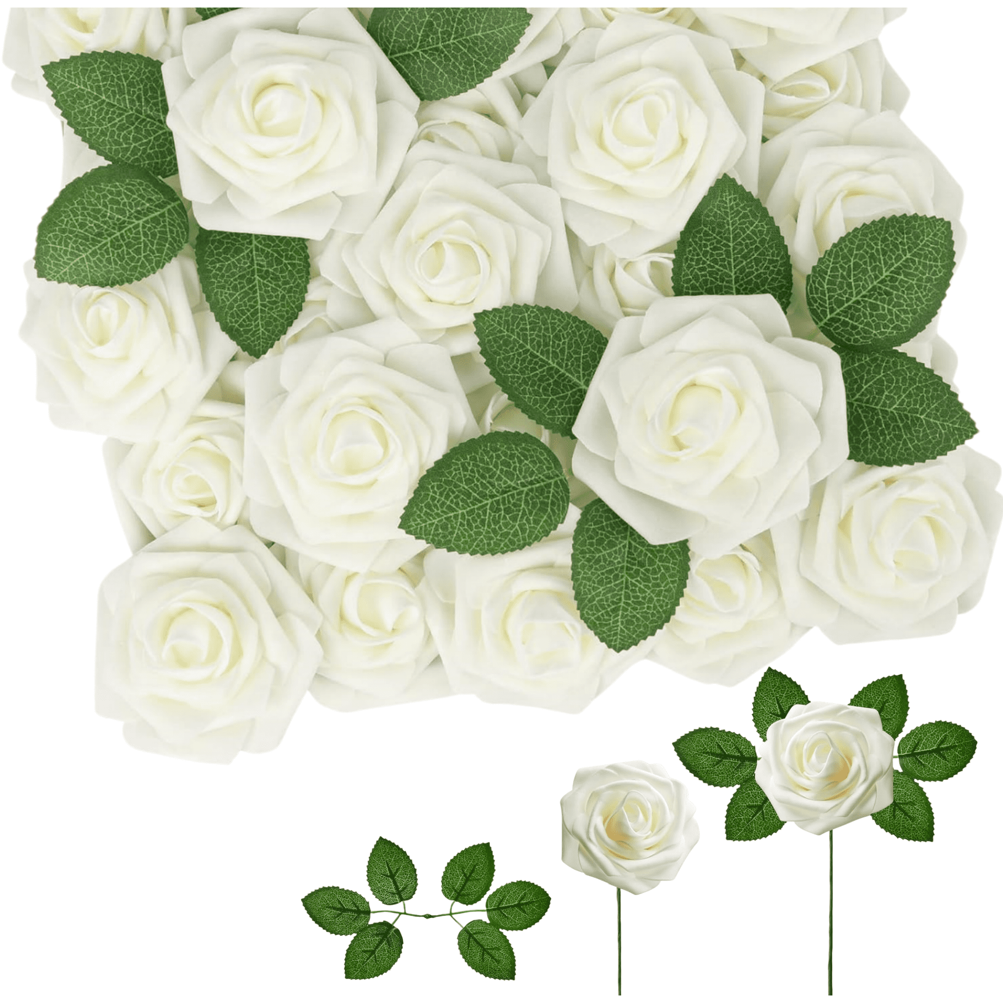 25pcs Real Looking Ivory Foam Roses with Stems - DIY Wedding Bouquets & Bridal Shower Centerpieces. Soft Touch Artificial Flowers for Decor.