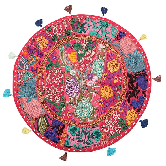 Stylo Culture Indian Yoga Pillows For Sitting On Floor Vintage Patchwork Round Pouf Cover Pink 22x22 Large Pillows Decorative Decor Seating Tuffet Seat Pouf Cover Footstool Cotton Embroidered 1 Pc