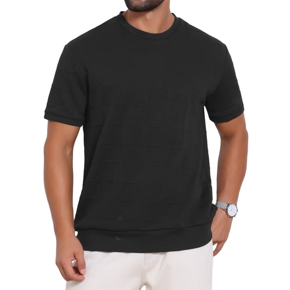 DARING DIVA Men's Jacquard Texture Crew Neck Short Sleeve Knitted T-Shirt M Black