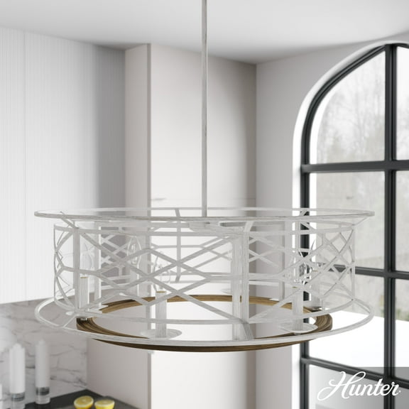 Hunter - Langwood 6-light Distressed White, Large Chandelier, Dimmable, Rustic Style, Drum Shaped, for Bedrooms, Dining, Living Rooms - 19330