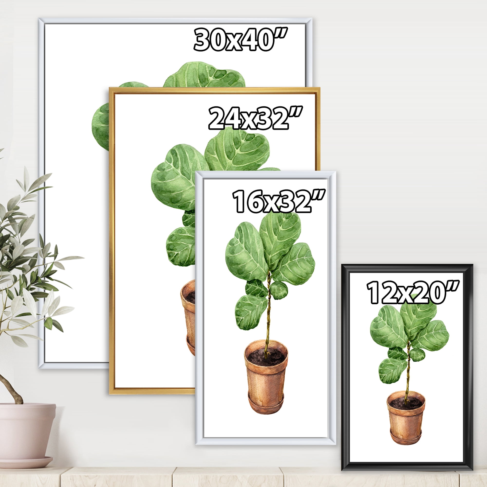 Designart 'Ficus Lyre Plant In Clay Flowerpot' Traditional Framed Canvas Wall Art Print