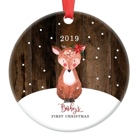 Baby's First Christmas Ornament 2019, Baby Deer Fawn Porcelain Ceramic Ornament, 3