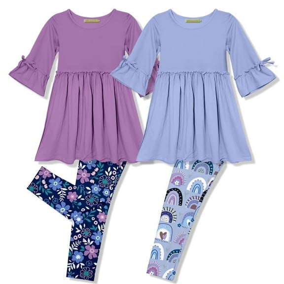Millie Loves Lily Girls Purple and Periwinkle Dress & Legging Set , ( Size 3T-12 & Plus Sizes), 4pcs