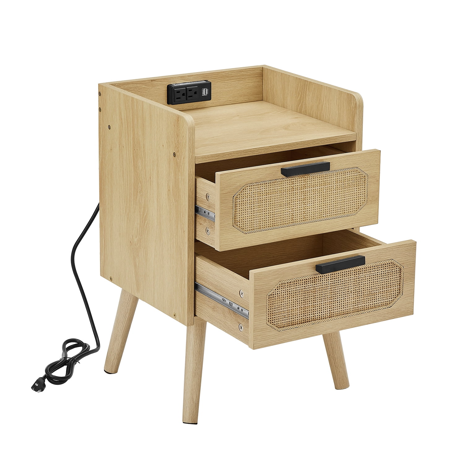 Kepooman Rattan Nightstands Set of 2, End Table with Socket and 2 Drawers, Nightstand Side Table for Home, Golden Kepooman Rattan Nightstands Set of 2, End Table with Socket and 2 Drawers, Nightstand Side Table for Home, Golden