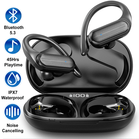 FiveBox Wireless Earbuds,Bluetooth 5.3 Headphones for iPhone Android 45H Playtime HiFi Stereo IPX7 Waterproof Bluetooth Ear Buds Over-Ear Earphones with Earhooks Noise Cancelling Headset for Sports