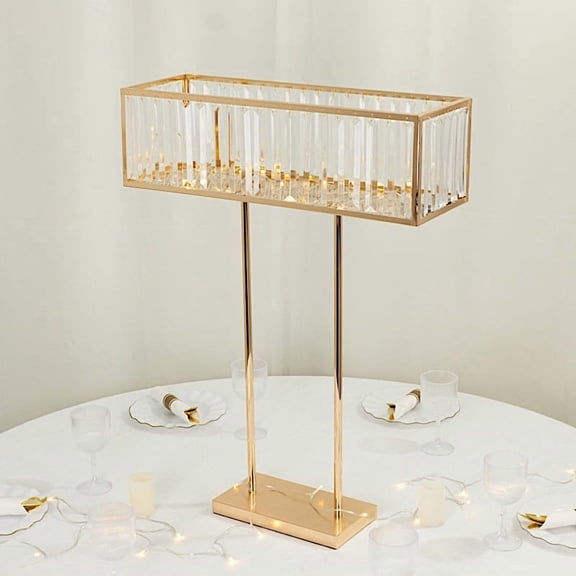 Balsa Circle Gold 32" Rectangular Metal Chandelier Flower Stand with Clear Acrylic Crystals Party Wedding Reception Centerpieces Event Decorations