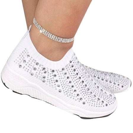 

Womens Rhinestone Casual Athletic Running Sneakers Womens Casual Walking Sneakers Lightweight Breathable Flat Knit Mesh Comfortable Work Shoe 37 White