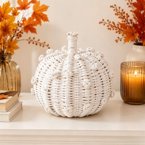 White Hand Woven Pumpkin Decor, Handmade Fall Pumpkin Figurine, Halloween Thanksgiving Tabletop Ornament, Rustic Fabric Pumpkin Decoration for Shelf Mantel Home Party Autumn Decor Gift