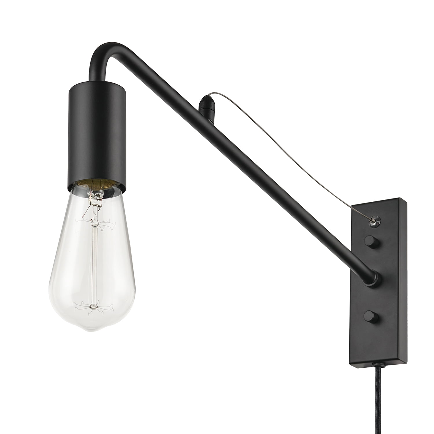 Globe Electric Holden 1-Light Long Arm Plug-in Wall Sconce Black Fabric Cord Matte Black in-Line On/Off Switch 