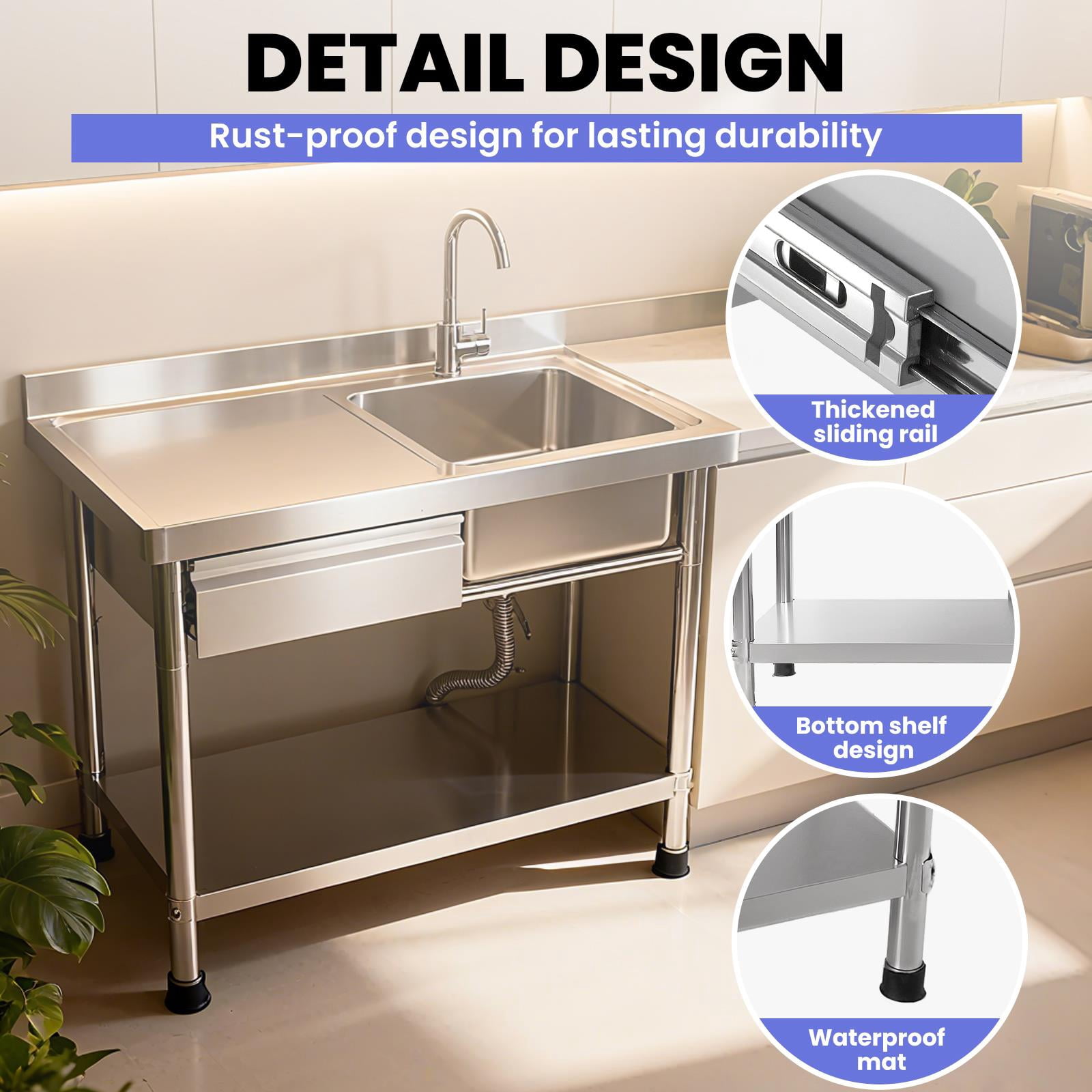 Drawer Stainless Steel Commercial Sink,Free Standing Utility Sink With Single Bowl And Pull-Out Faucet,Durable 201 Stainless Steel Construction,Stainless Steel Utility Sink For Restaurant Or Bar