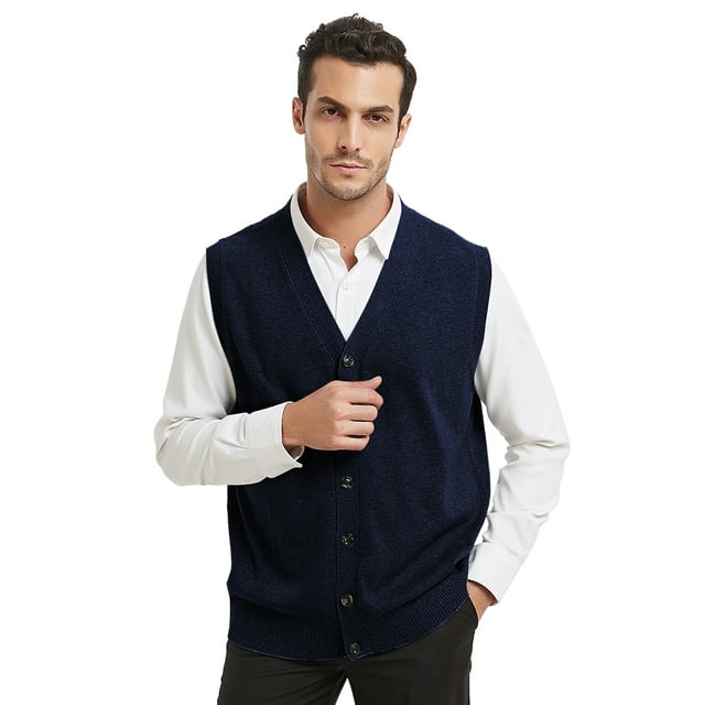 TOPTIE Men Sweater Vest Solid Knitted Lightweight Thermal Cardigan-Navy-S