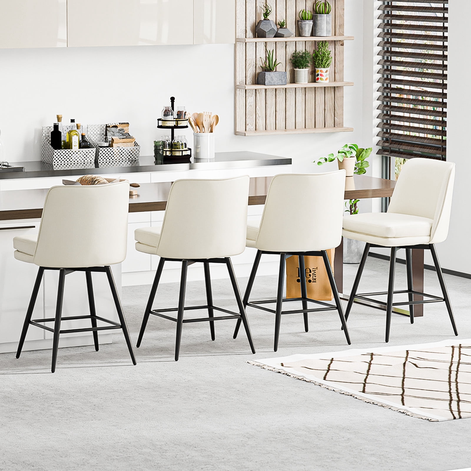 Zimtown Modern Bar Stools Set of 2, Swivel Barstool Counter Height Bar Chair, Kitchen Island Barstool 2 Pack, Off-White