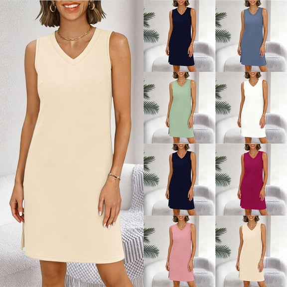 Miluxas Womens Summer V Neck Sleeveless T-Shirt Mini Dress Casual Solid Color Side Slit Loose Fit Tank Dress White