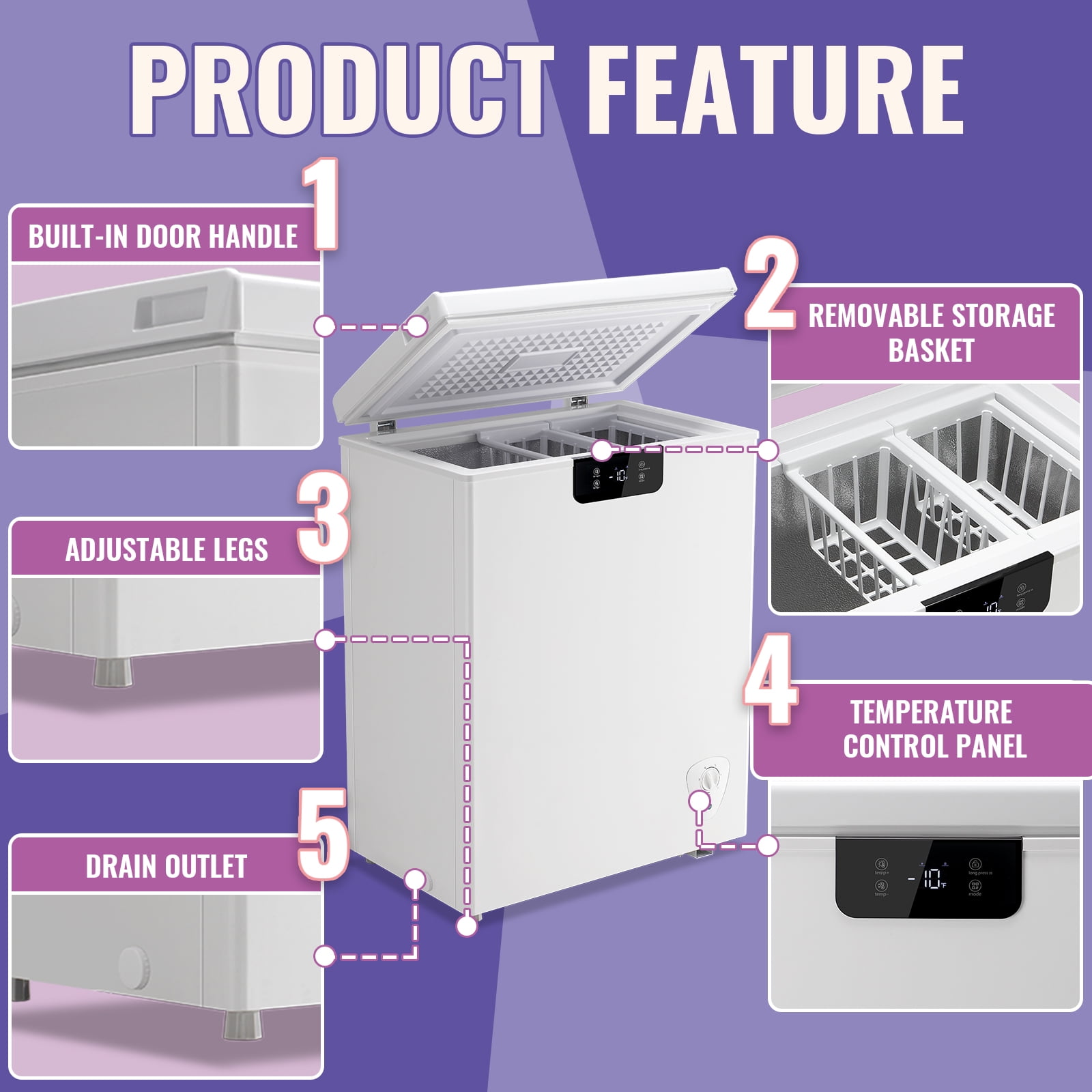 TACOOL Chest Freezer 4.5 Cu.ft Electronic Temperature Control Digital Display with 2 Removable Basket Small Mini Deep Freezer Top Open Door White