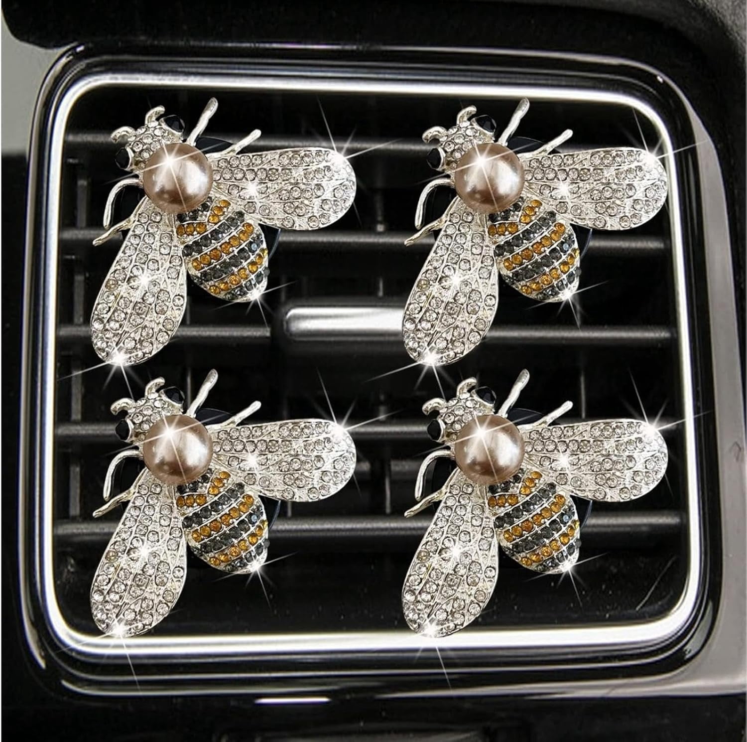 4-pack shiny bee air vent clips, crystal bee car air freshener vent clips, car diffuser vent clips, crystal diamond bee car decoration, car interior decoration, shiny car accessories, interior access