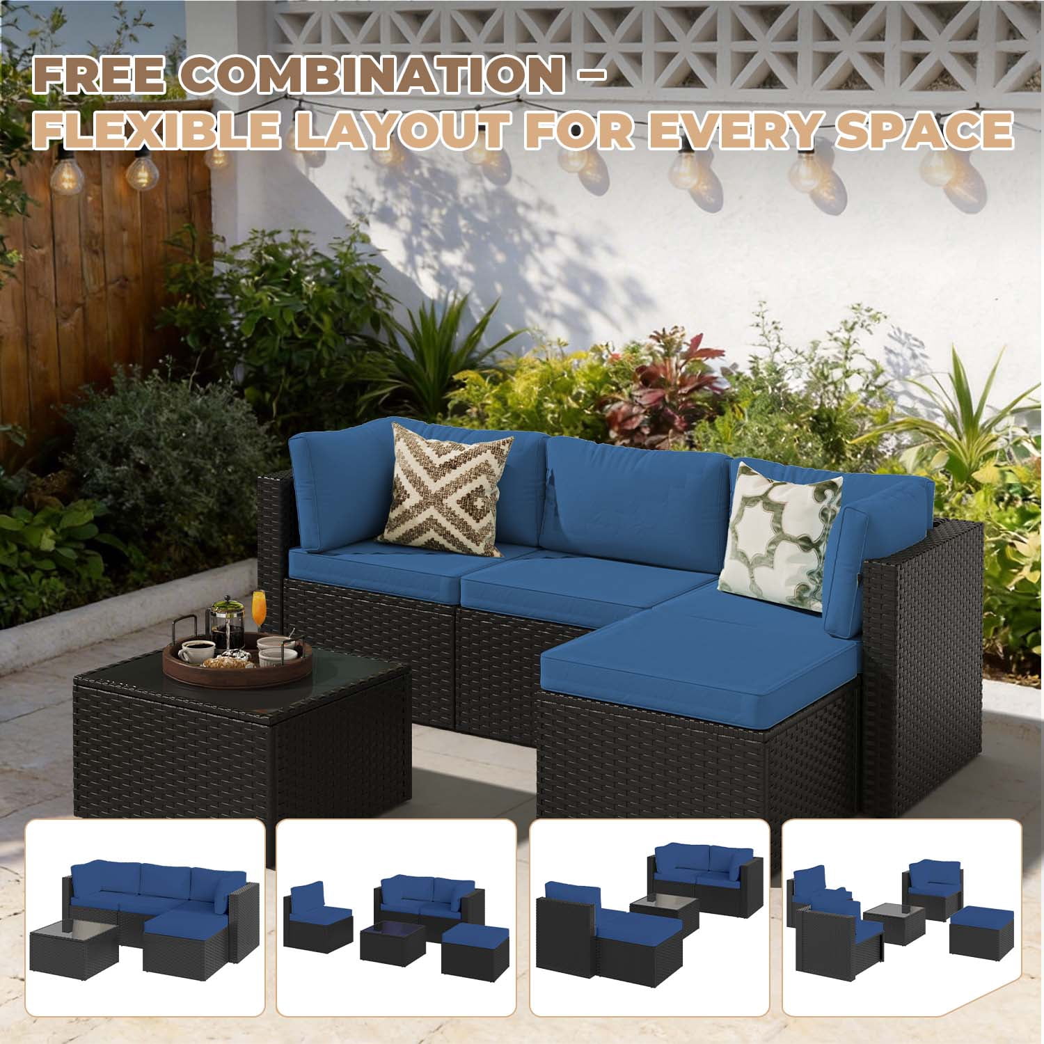 BaPiPro 5 Piece All-Weather PE Rattan Modular Patio Furniture Set, Sectional Conversation Sofa with Thick Removable Cushions & Tempered Glass Coffee Table for Backyard Poolside Garden, Navy Blue