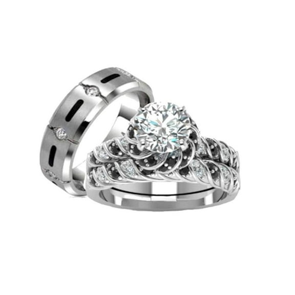 His Hers 3 Piece 925 Sterling Silver and Titanium CZ Wedding Ring Set