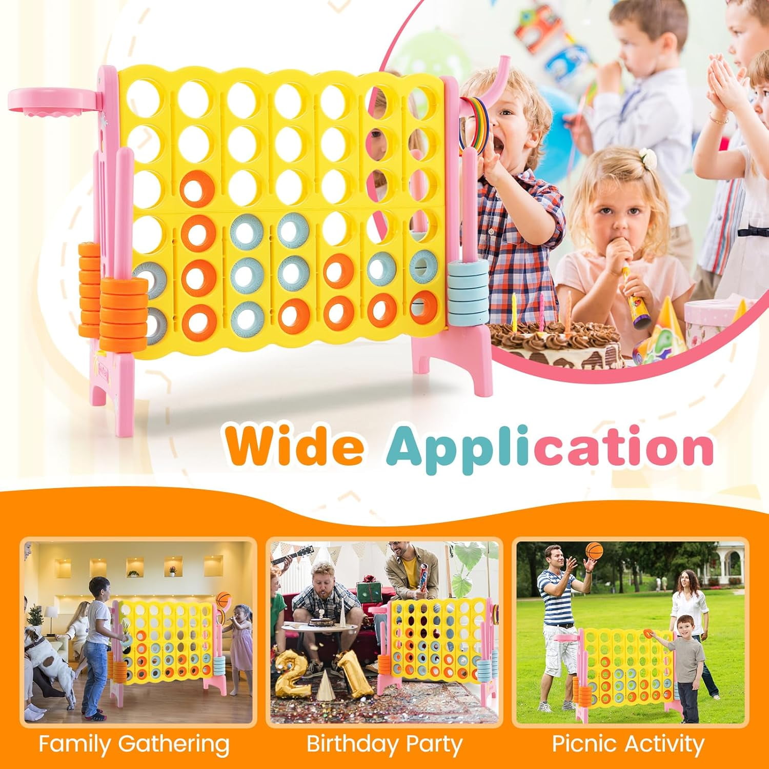 HJTER Jumbo 4-to-Score Giant Game Set for Kids & Adults, 2.5Ft Indoor Outdoor Game with Basketball Hoop, Ring Game, 42 Jumbo Rings, Quick-Release Slider, Perfect for Birth & Holiday Party