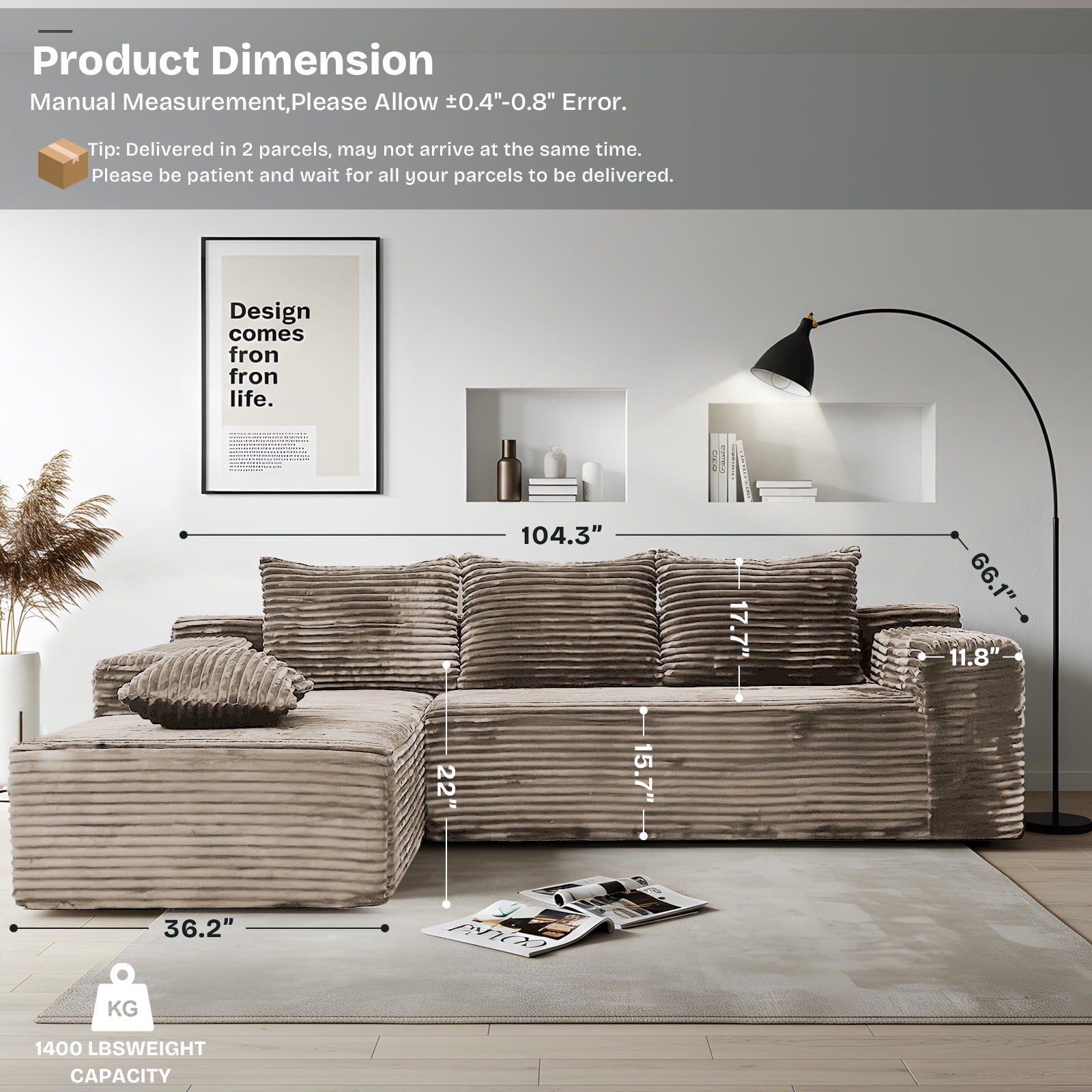 Kelyda 104'' Modular L-Shaped Sectional Sofa, Modern Memory Foam Deep Seat Corduroy Boneless Cloud Couch Coffee