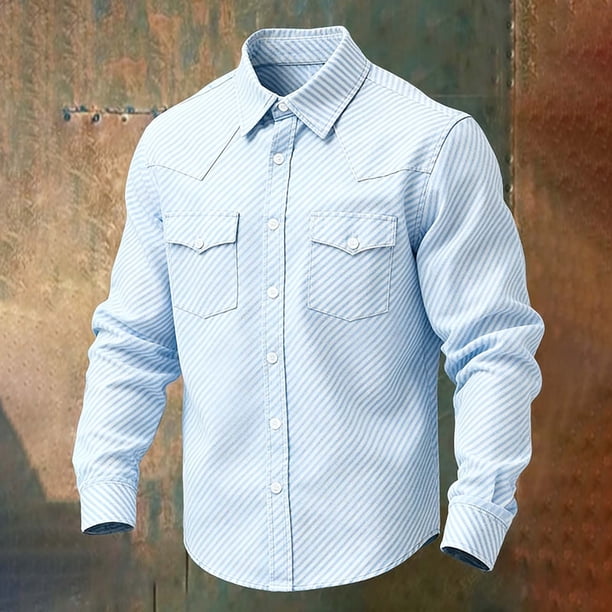 Ceisia Men's Loose Fit Vintage Fine Stripe Print Long Sleeve Cotton Shirt Sky Blue XL Gifts