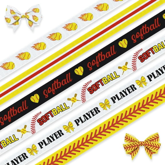 6 PCS Sports Softball Ribbons for Crafting, 3/8" Width Grosgrain Ribbon Sports Roll Ball Ribbon Yellow Softball Craft Ribbons for Sports Party Decor Sewing DIY Crafts Supplies
