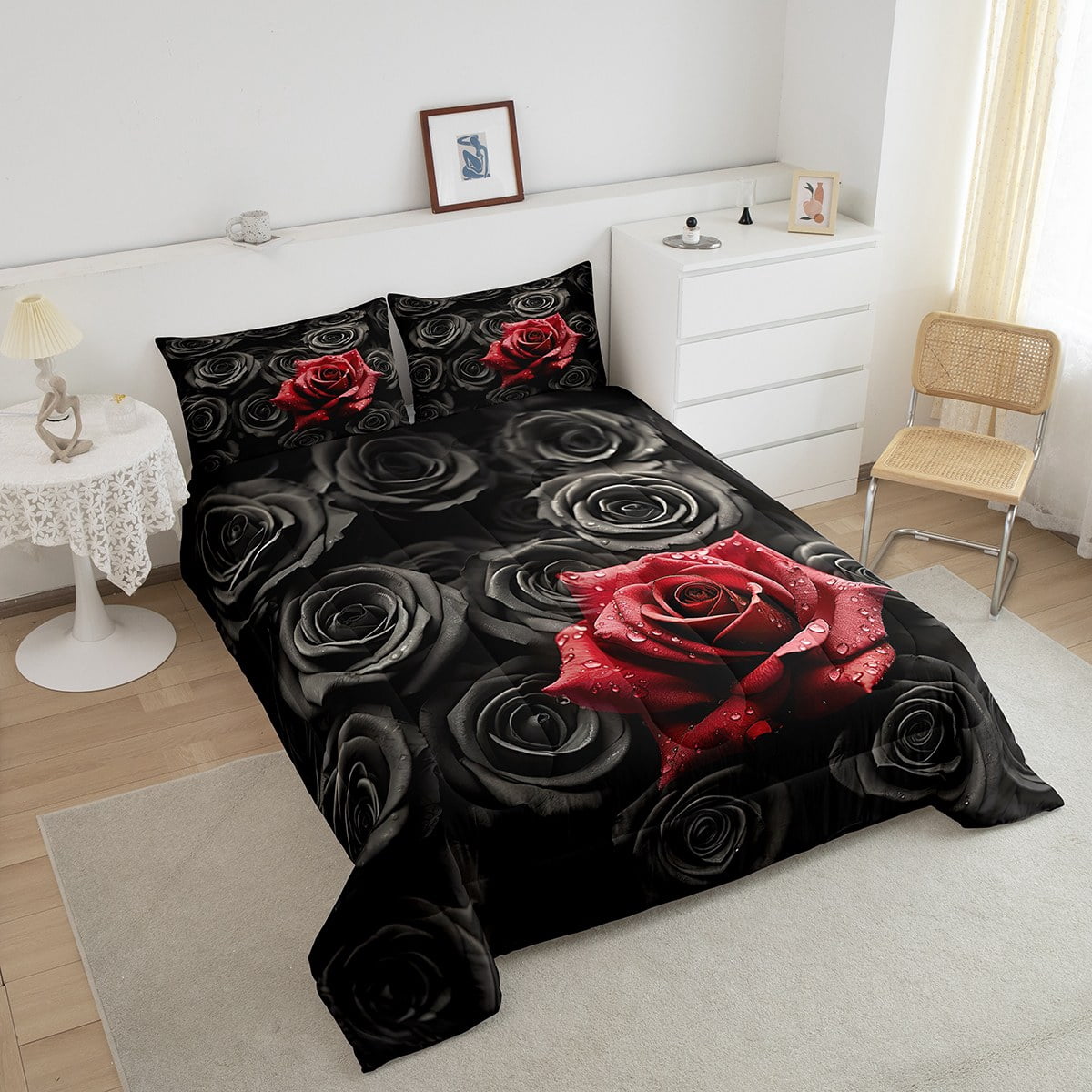King Size Red Rose & Gun Print Comforter Set - 8 Piece Bed In A Bag With Sheets, Black & Floral Design, Soft Microfiber