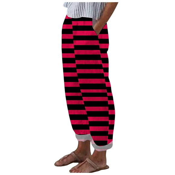 Bmisegm Women Spring and Summer Fashion Casual Printed Trousers Pocket Casual Pants Pants for Women Red XL