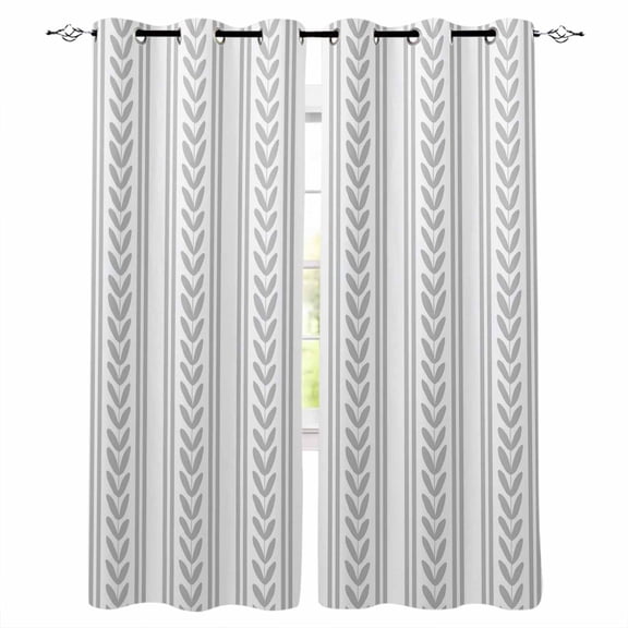 Grey Botanical Blackout Curtains Light Blocking Print Window Curtains, Modern Farmhouse Striped Thermal Insulated Window Drapes for Living Room Kitchen Cafe (2 Panels, 55"W x 39"L)