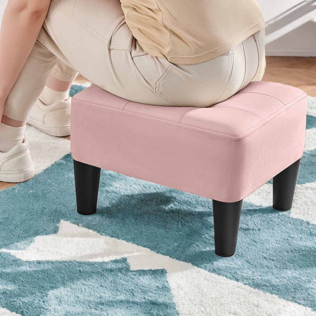 LEDREM Small Ottoman Foot Stool with Thick Cushion, Footrest with Sturdy Angled Legs for Living Room, Bedroom, Entryway, Jelly Pink