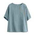 thumbnail image 5 of Women's Cotton Linen Blouse, Round Neck Embroidered Short Sleeve Top, Loose Fit Casual Tunic for Summer, Boho Chic Shirt and Everyday Wear-Light Blue, 5 of 6