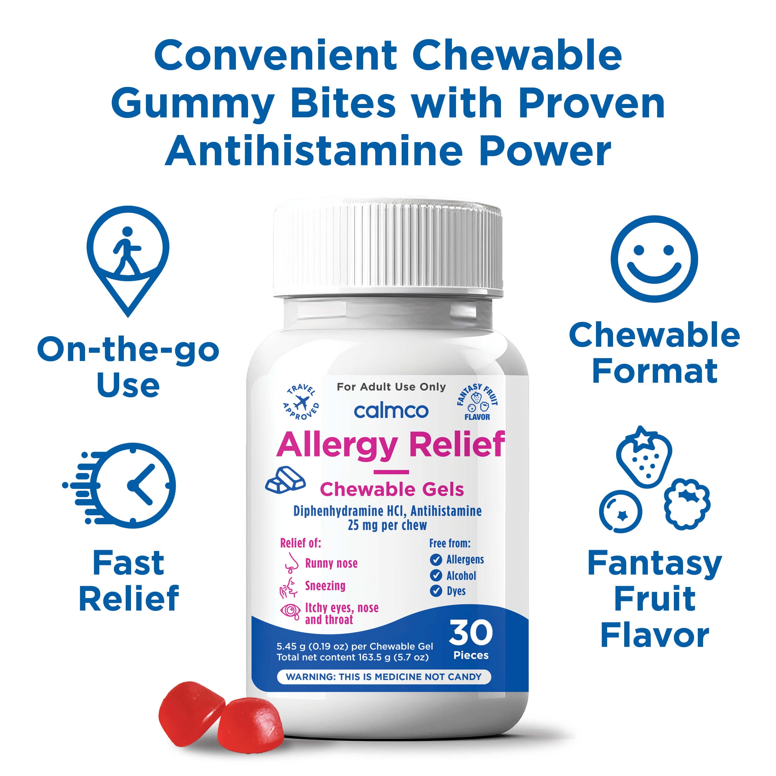 CalmCo Adult Allergy Relief Chewable Gels with Diphenhydramine - Chewable Antihistamine for Sneezing, Runny Nose & Itchy Eyes, Nighttime Allergy Medicine for Ages 12+, Fantasy Fruit Flavor, 30 Pieces
