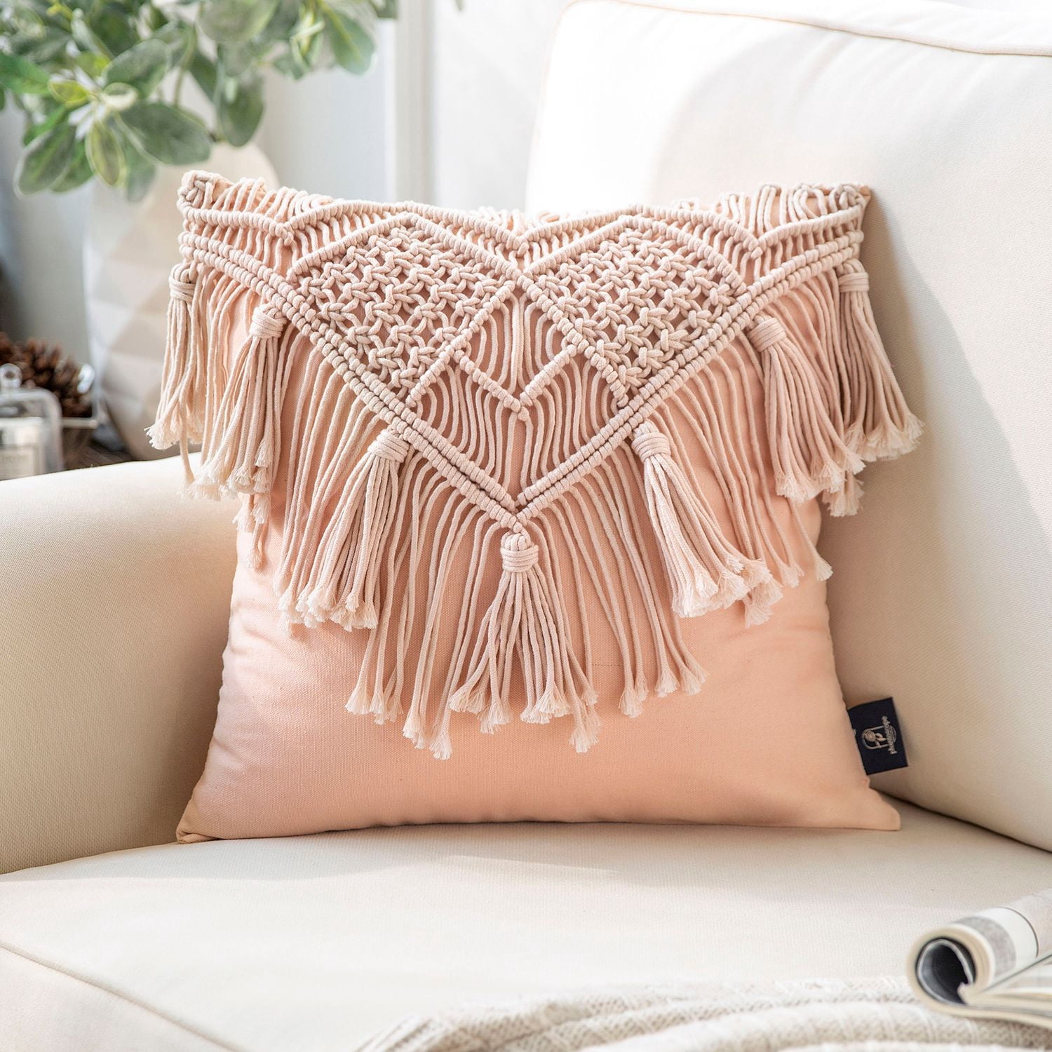 Phantoscope 100% Cotton Handmade Crochet Woven Half Covered Throw Pillow, 18 x 18 in Square Cushion with Tassels, Boho Style, Light Pink, 1 Pack
