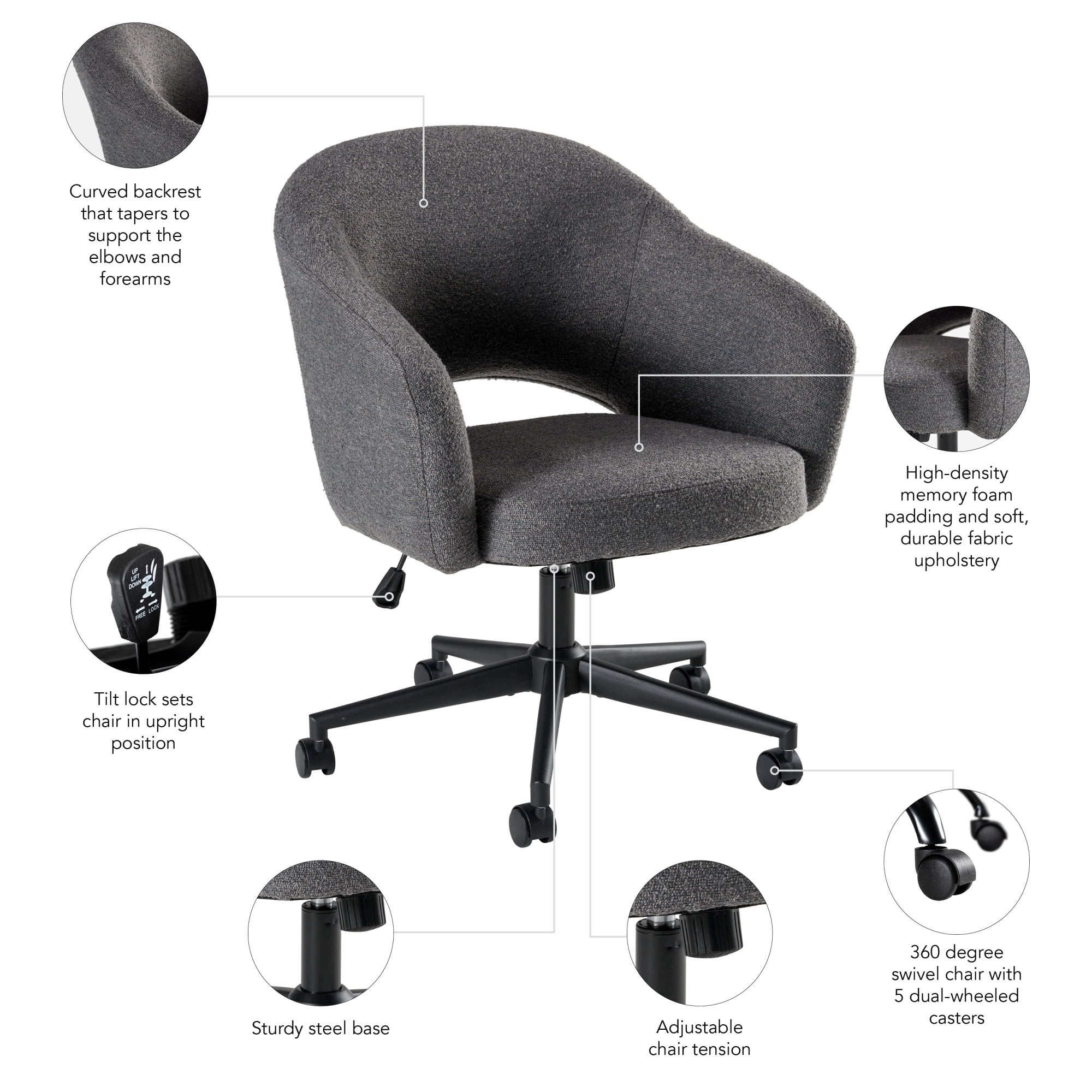 Bush Furniture Fairfax Mid Century Modern Desk Chair for Home Office in Dark Charcoal Fabric