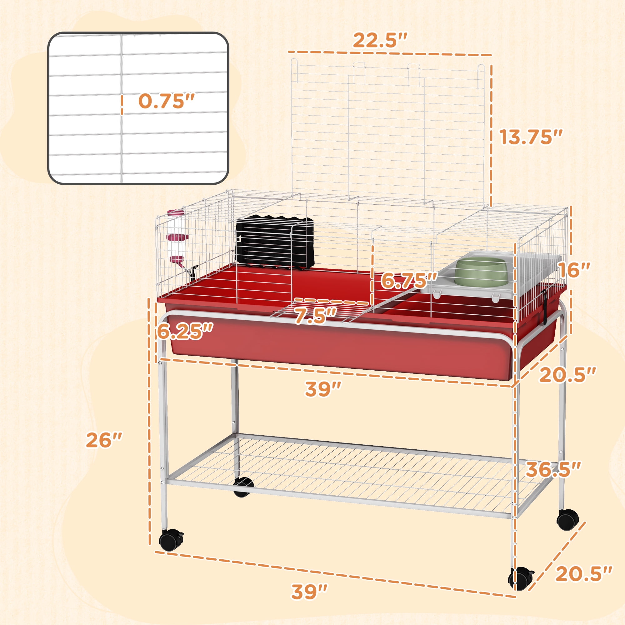Two-Story Small Animal Cage Removable from Stand, 39" x 20.5" x 36.5", Red
