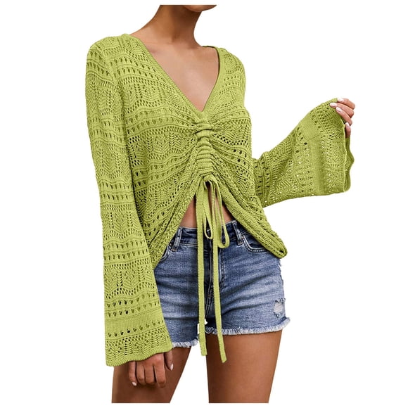 Riforla Swimsuit Coverup Women Crochet Top Beach Cover up Drawstring Shirt Beachwear Lace up Long Sleeve Shirt Green XL
