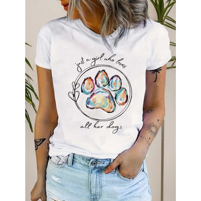 Chic Dog Paw Print T-Shirt for Women - Crew Neck, Short Sleeve, Summer & Spring Casual Top, Breathable Cotton Blend