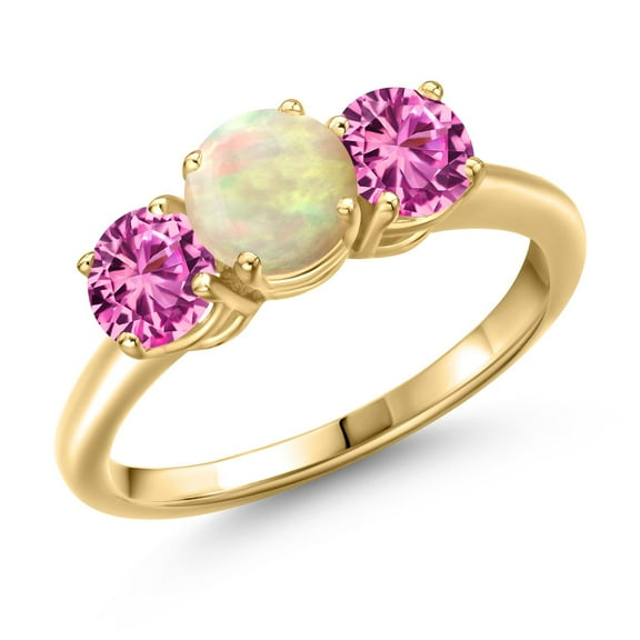 Gem Stone King 18K Yellow Gold Plated Silver White Ethiopian Opal and Pink Created Sapphire Engagement Ring for Women | 1.66 Cttw | Round Cabochon 6MM | Gemstone October Birthstone | Size 5