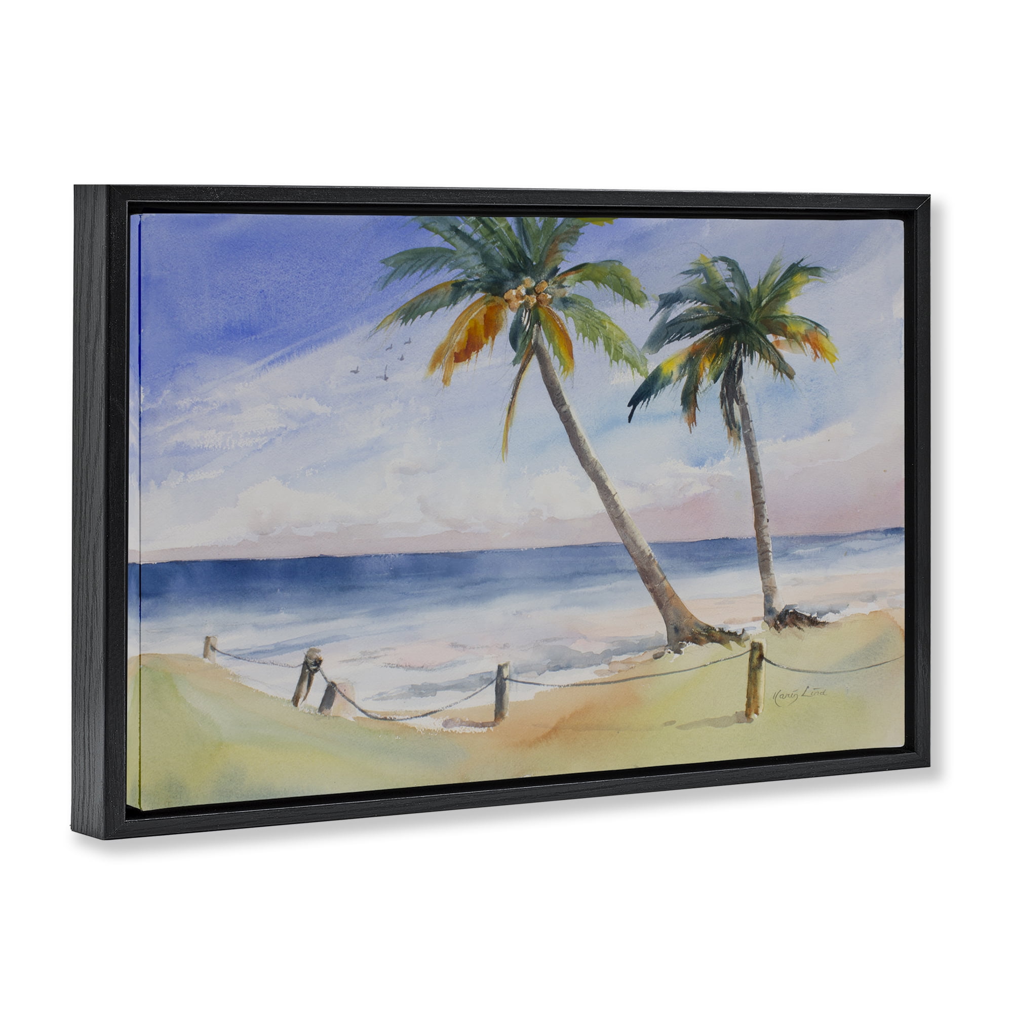 Stupell Industries Two Palms Beach Sunset Nautical & Beach Painting Black Floater Framed Canvas Art Print Wall Art, 31 x 21
