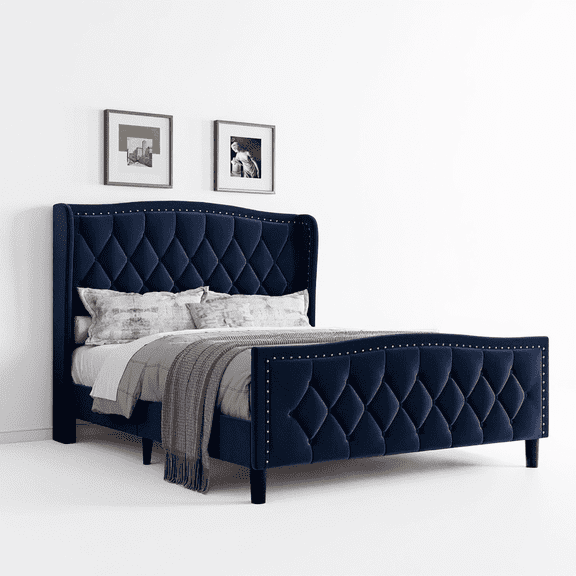 Senfot Full Size Velvet Wingback Platform Bed Frame - 49.21" Upholstered Headboard, No Box Spring Needed, Navy Blue
